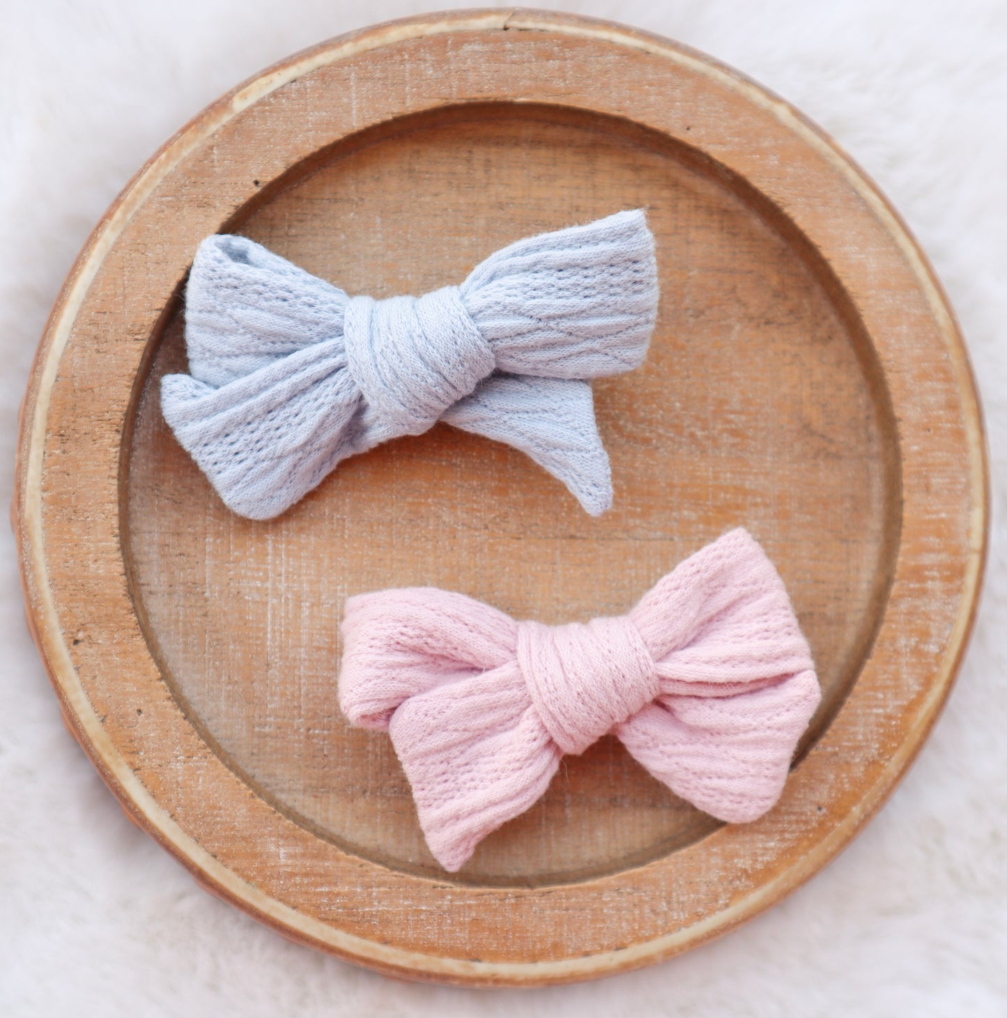 Powder Blue Ribbed Knit Fur Bow