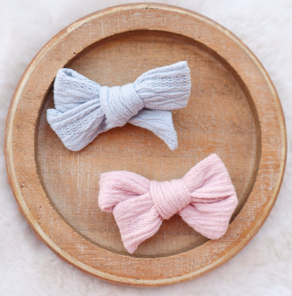 Powder Blue Ribbed Knit Fur Bow
