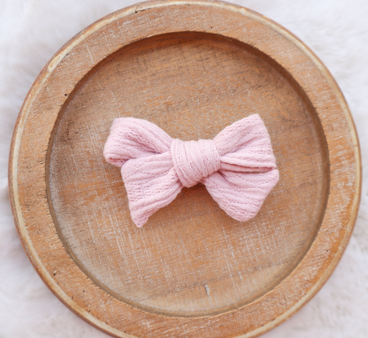 Soft Blush Ribbed Knit Fur Bow