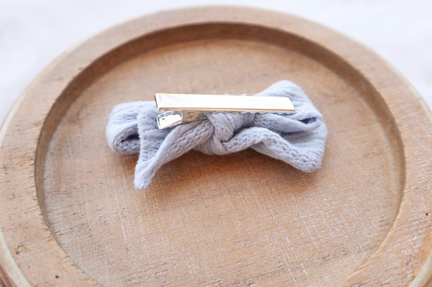 Powder Blue Ribbed Knit Fur Bow