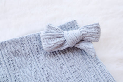 Powder Blue Ribbed Knit Fur Bow
